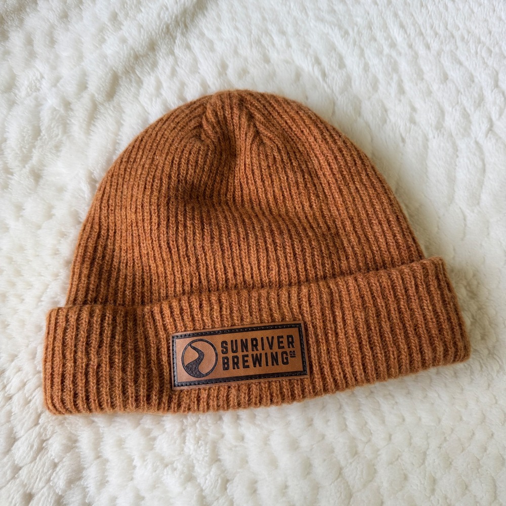 Sunriver Brewing Co Brown Wool Blend Ribbed Knit Cuffed Beanie Hat PNW‎ Logo